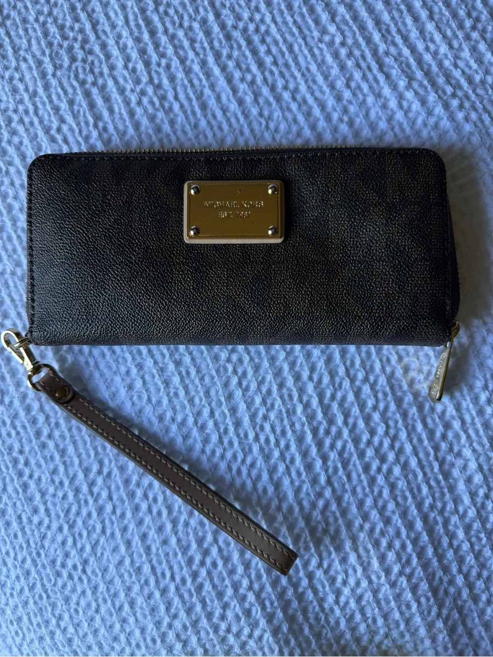 Michael Kors Black Pebble Leather Wristlet with Gold Plate and Taupe Strap